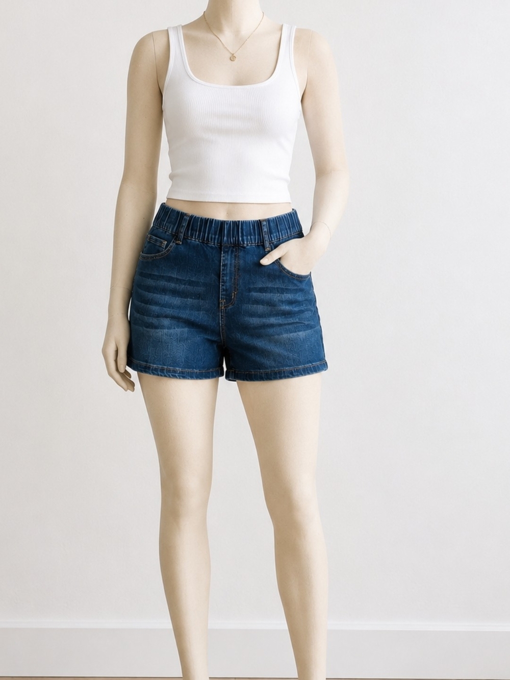 Women's Dark Blue Elastic Waist Denim Jean Shorts